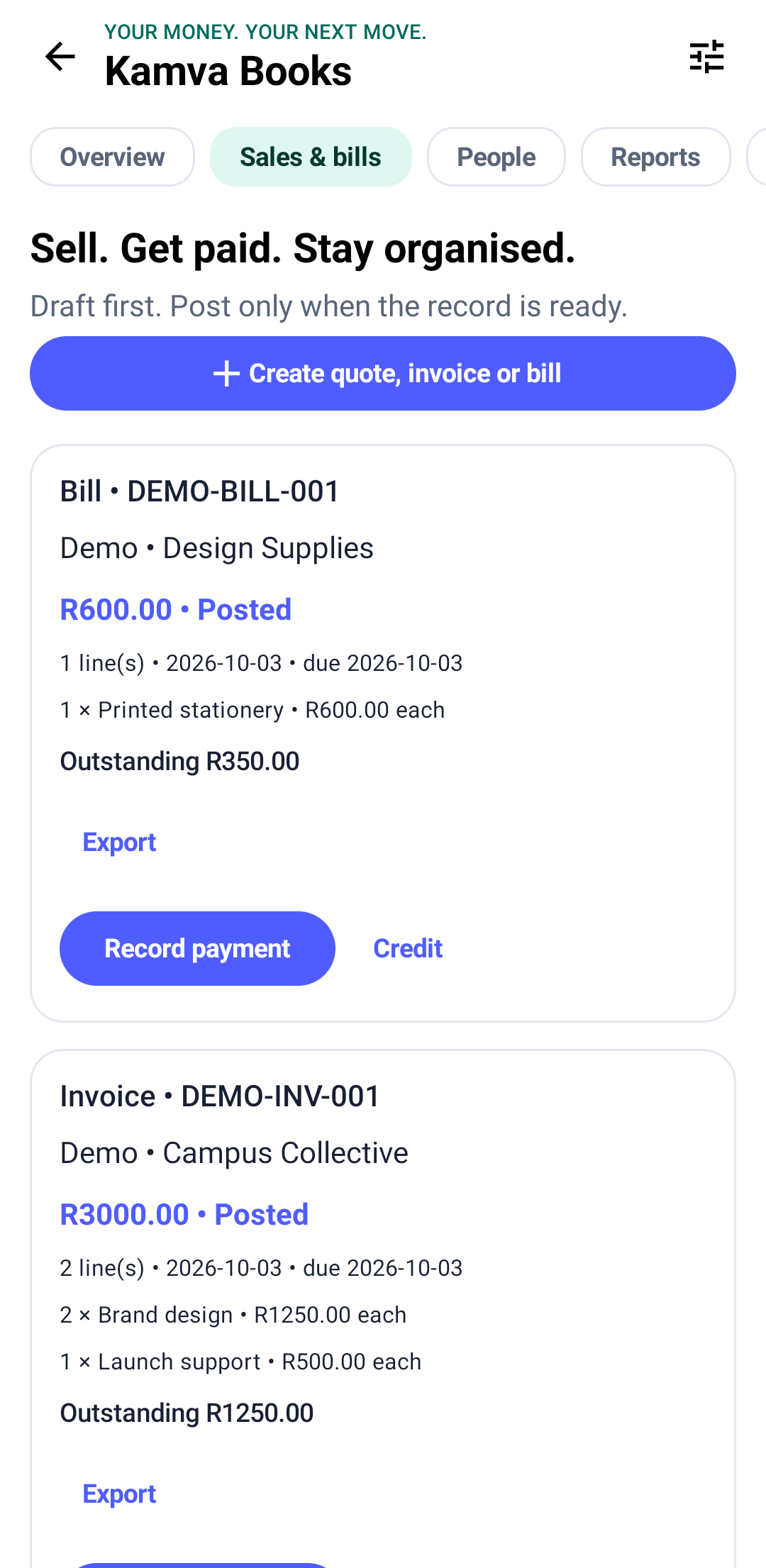 Actual Kamva Books prototype invoices screen