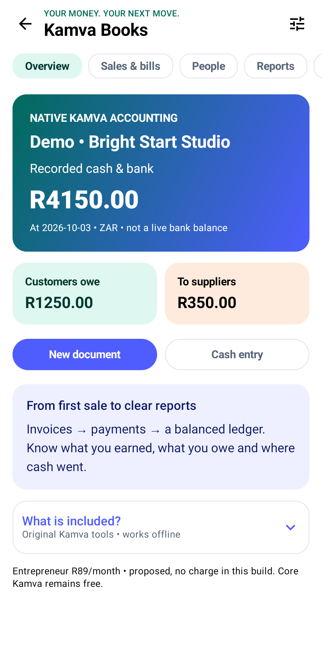 Actual Kamva Books prototype overview screen