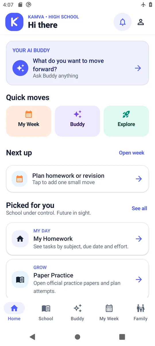 Actual earlier Kamva School · 16–18 Android prototype home screen