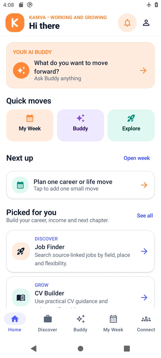 Actual earlier Kamva Work & business · 22–35 Android prototype home screen